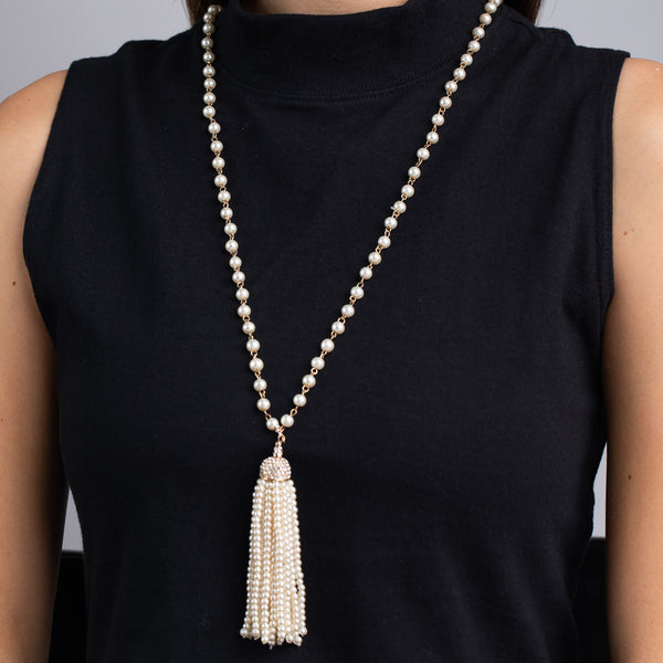 kenneth jay lane Pearl Gold and Crystal Tassel Necklace