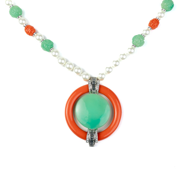 Kenneth Jay Lane Pearl S-Hook Clasp Necklace With Coral And Jade Pendant