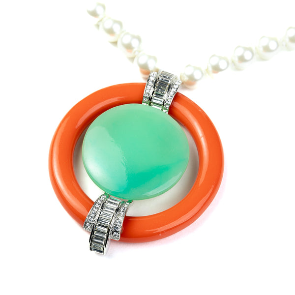 Kenneth Jay Lane Pearl S-Hook Clasp Necklace With Coral And Jade Pendant