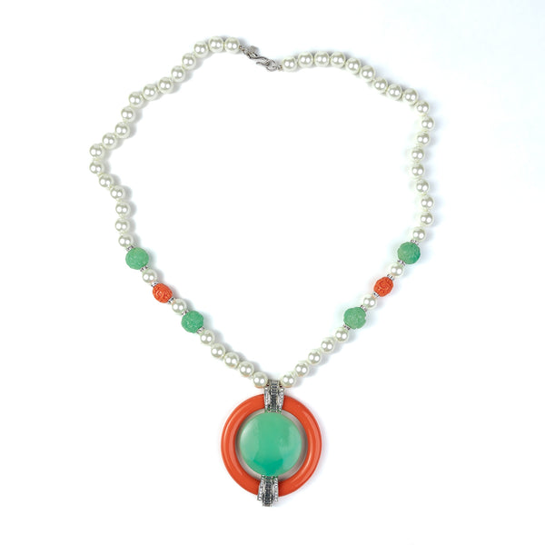 kenneth jay lane Pearl S-Hook Clasp Necklace with Coral and Jade Pendant