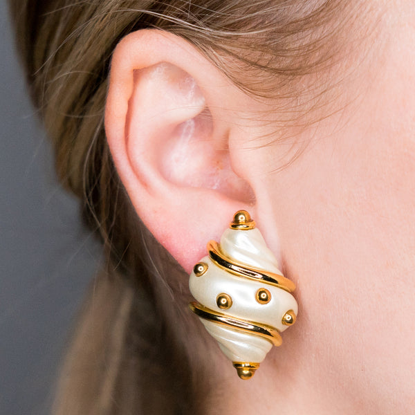 Kenneth Jay Lane Pearl Shell Gold Dots Clip Earrings