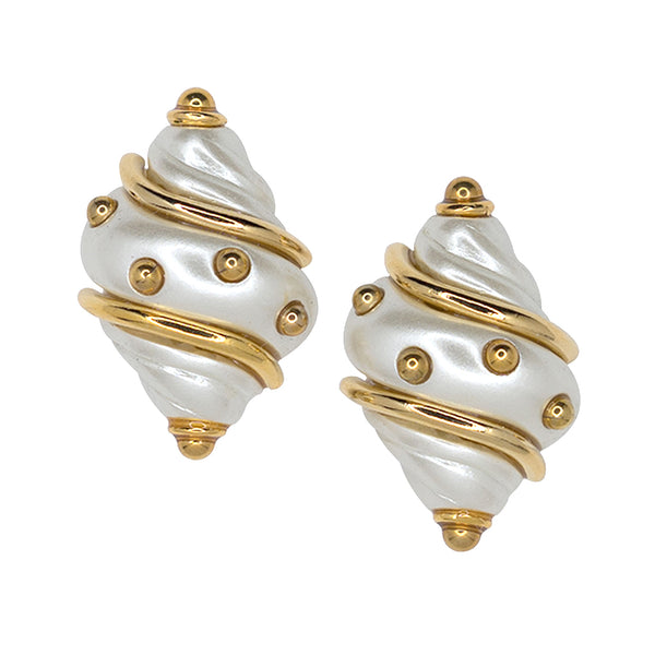 kenneth jay lane Pearl Shell Gold Dots Clip Earrings