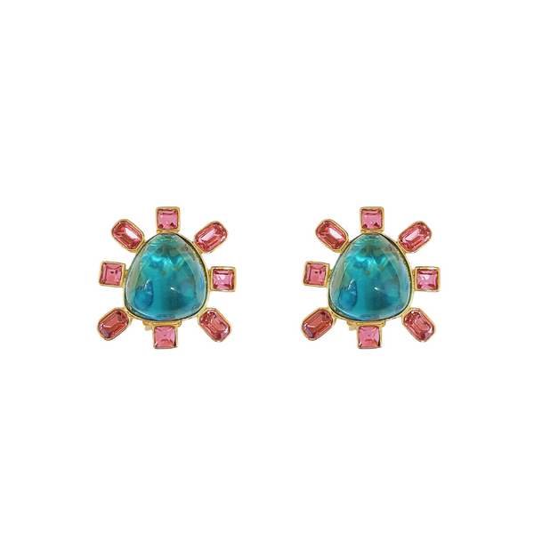 kenneth jay lane Pink and Aqua Cabochon Center Clip Earring
