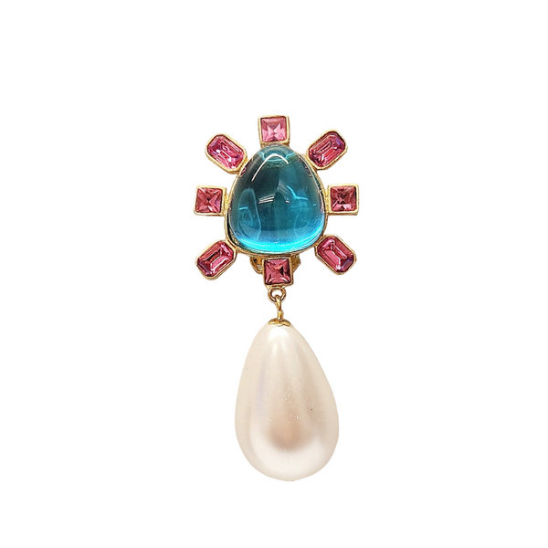 Kenneth Jay Lane Pink And Aqua Cabochon Center Pearl Drop Clip Earring