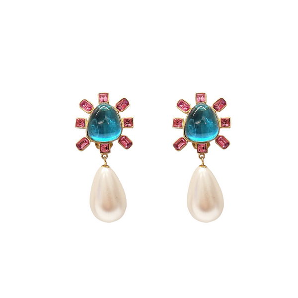 kenneth jay lane Pink and Aqua Cabochon Center Pearl Drop Clip Earring