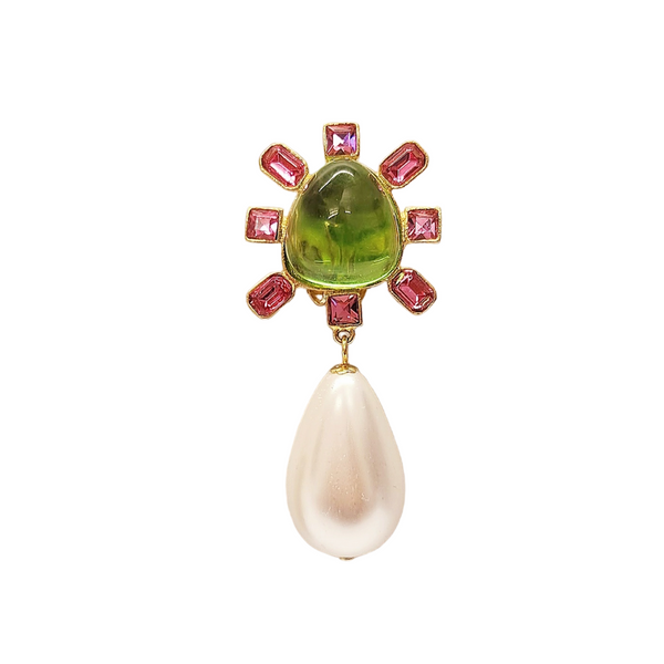 Kenneth Jay Lane Pink And Peridot Cabochon Center Pearl Drop Clip Earring