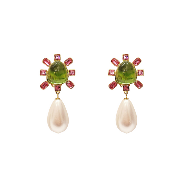 kenneth jay lane Pink and Peridot Cabochon Center Pearl Drop Clip Earring