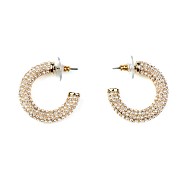 kenneth jay lane Polished Gold and Pearl Hoop Earring