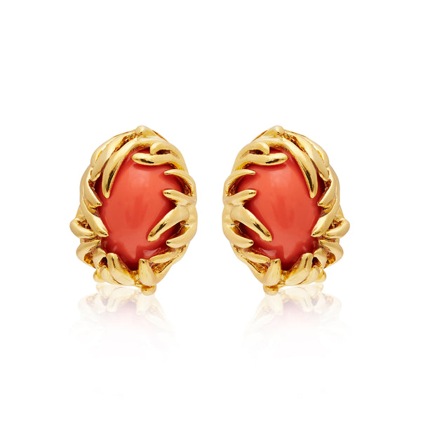 kenneth jay lane Polished Gold Branch & Coral Clip Earrings