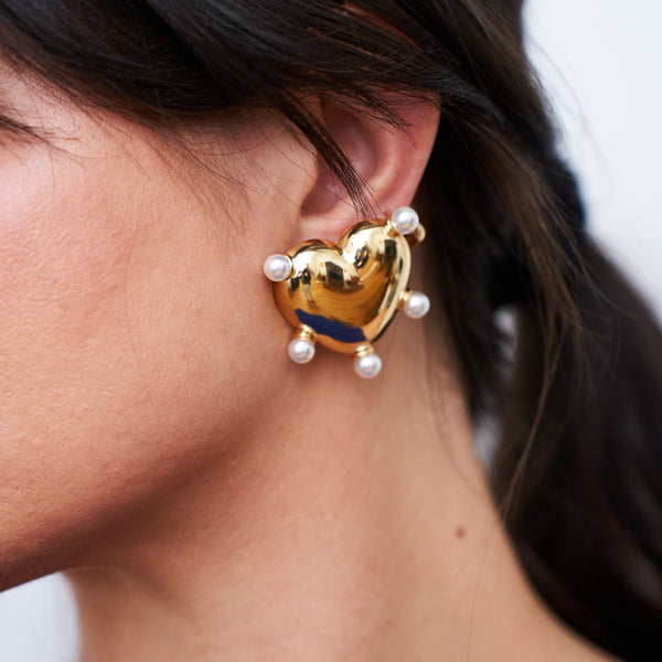 Kenneth Jay Lane Polished Gold Heart & Pearl Post Earrings