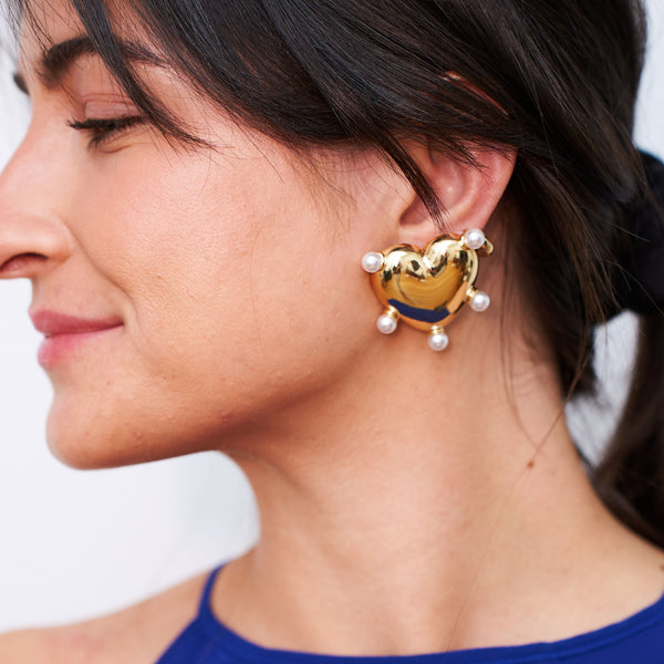 Kenneth Jay Lane Polished Gold Heart & Pearl Post Earrings