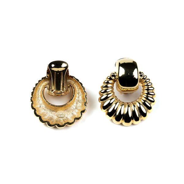 Kenneth Jay Lane Polished Gold Ribbed DoorKnocker Clip Earrings