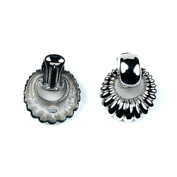 Kenneth Jay Lane Polished Silver Ribbed Door Knocker Clip Earrings