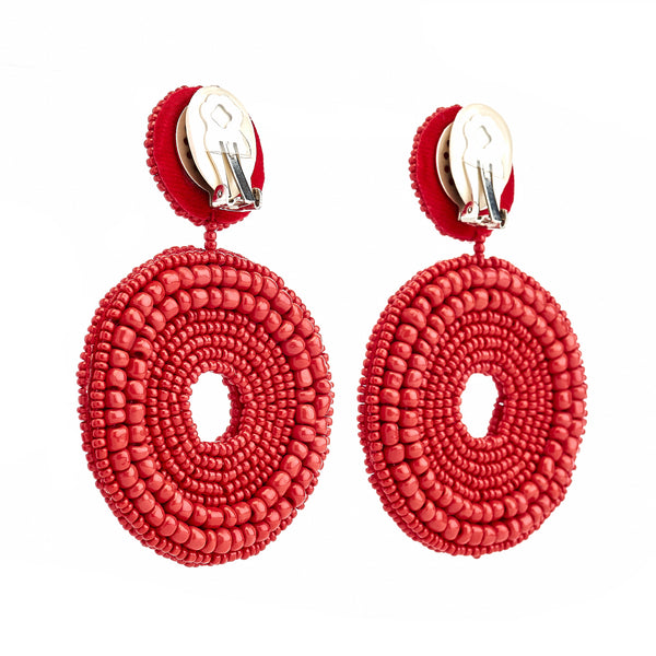 Kenneth Jay Lane Red Seed Bead Round Clip-On Earrings