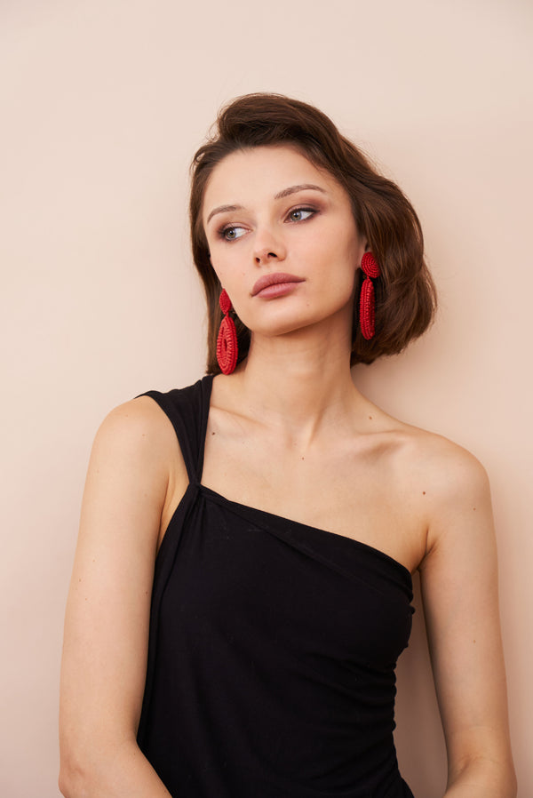 Kenneth Jay Lane Red Seed Bead Round Clip-On Earrings