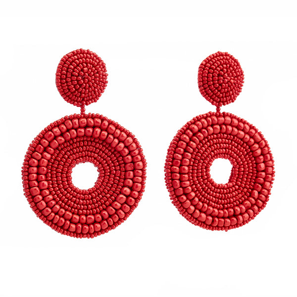 kenneth jay lane Red Seed Bead Round Clip-On Earrings