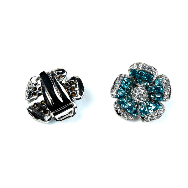 Kenneth Jay Lane Rhinestone And Aqua Flower Clip Earrings