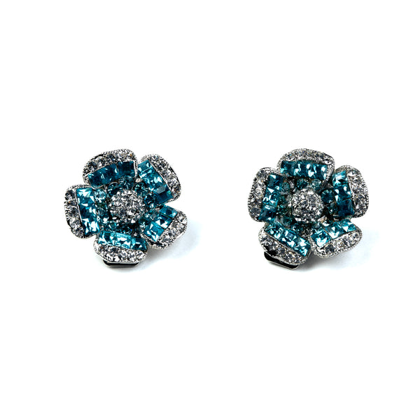 Kenneth Jay Lane Rhinestone And Aqua Flower Clip Earrings