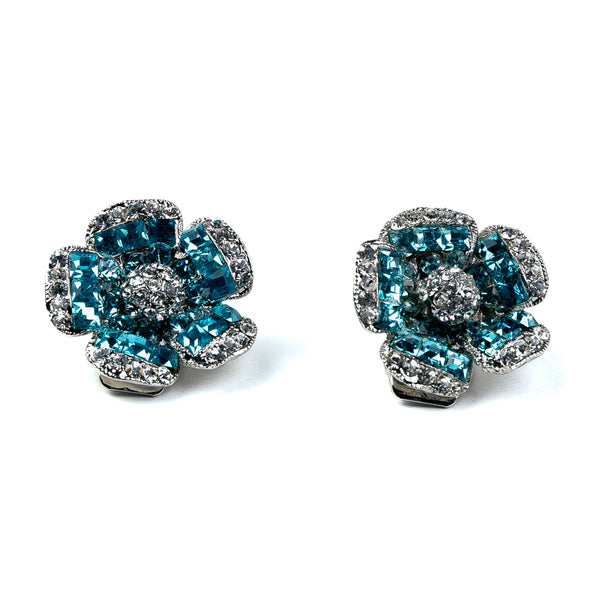 kenneth jay lane Rhinestone and Aqua Flower Clip Earrings