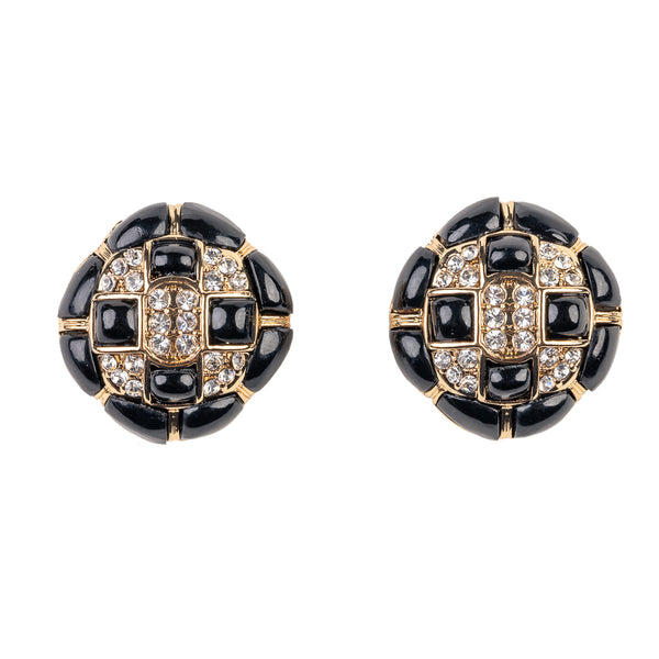 Kenneth Jay Lane Rhinestone And Black Button Clip Earring
