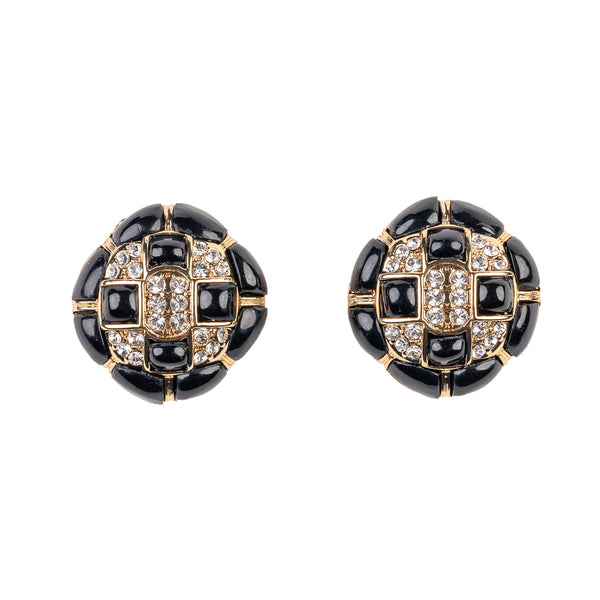 kenneth jay lane Rhinestone and Black Button Clip Earring