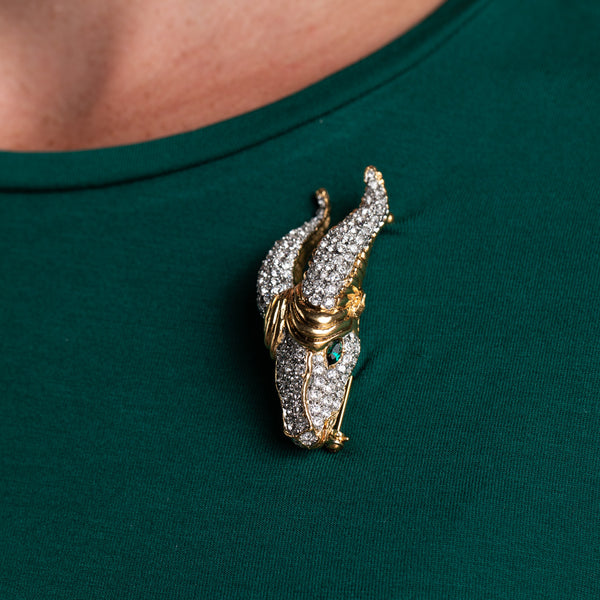 Kenneth Jay Lane Rhinestone And Emerald Capricorn Pin