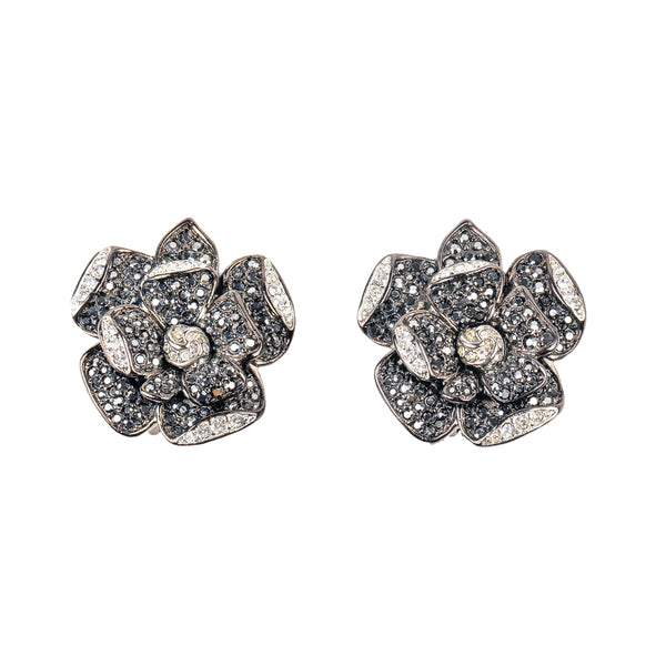 kenneth jay lane Rhinestone and Hematite Flower Clip Earring
