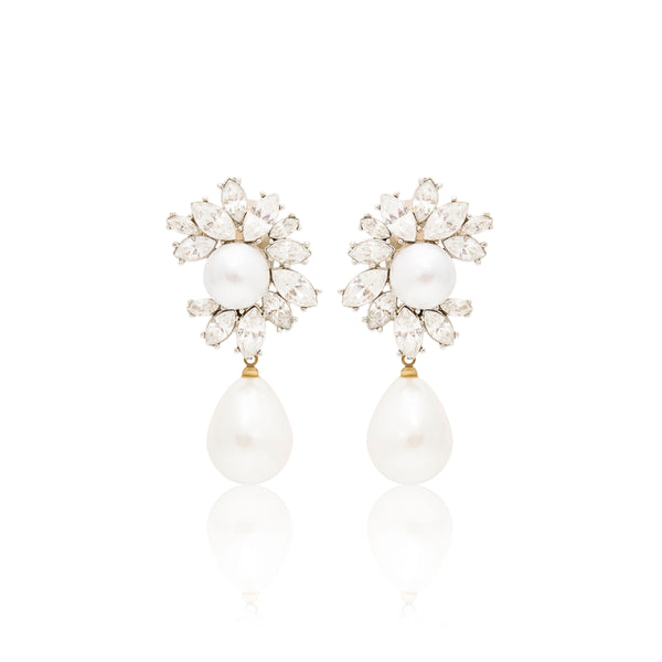 kenneth jay lane Rhinestone Cluster Pearl Drop Clip-On Earrings