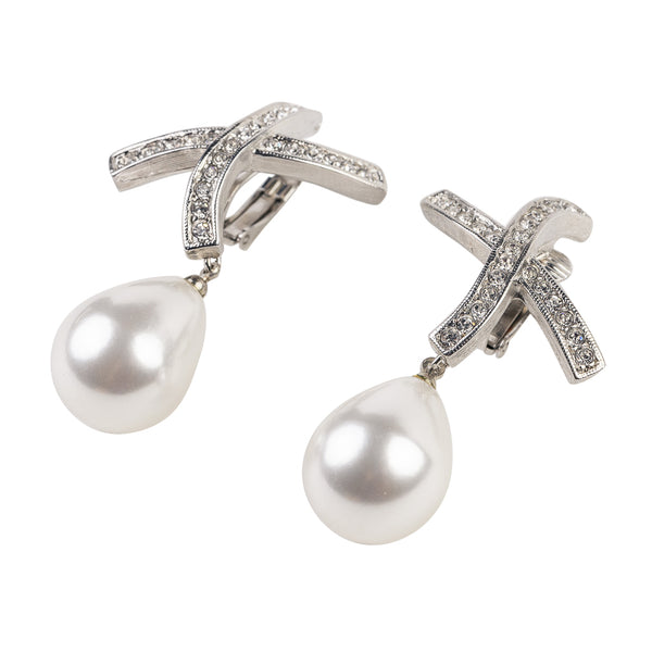 Kenneth Jay Lane Rhinestone "X" Pearl Drop Clip Earrings