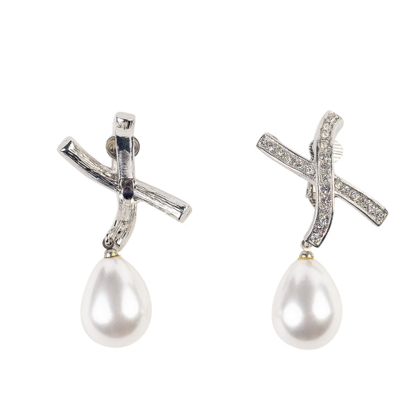 Kenneth Jay Lane Rhinestone "X" Pearl Drop Clip Earrings