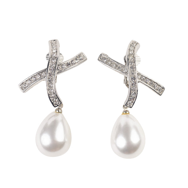 kenneth jay lane Rhinestone "X" Pearl Drop Clip Earrings