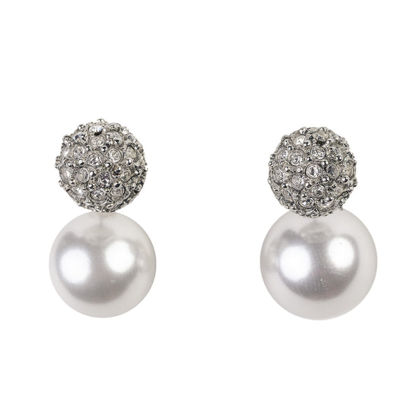 Kenneth Jay Lane Rhodium And Rhinestone Pearl Pierced Earring