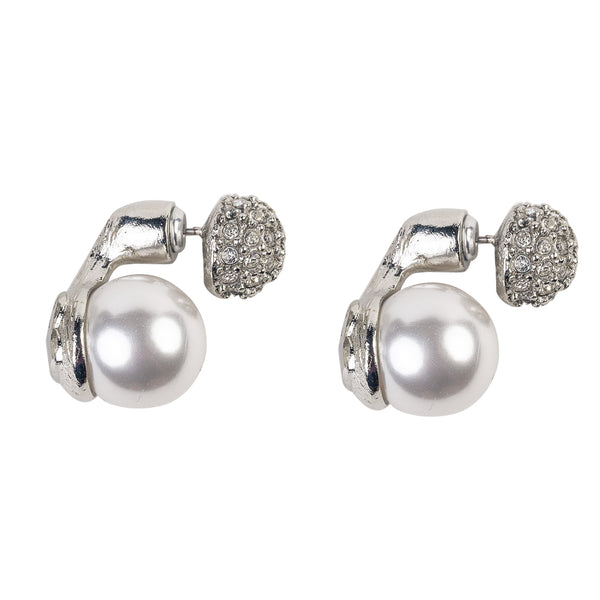 Kenneth Jay Lane Rhodium And Rhinestone Pearl Pierced Earring