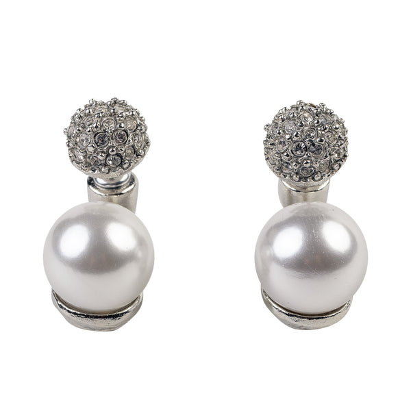 kenneth jay lane Rhodium and Rhinestone Pearl Pierced Earring