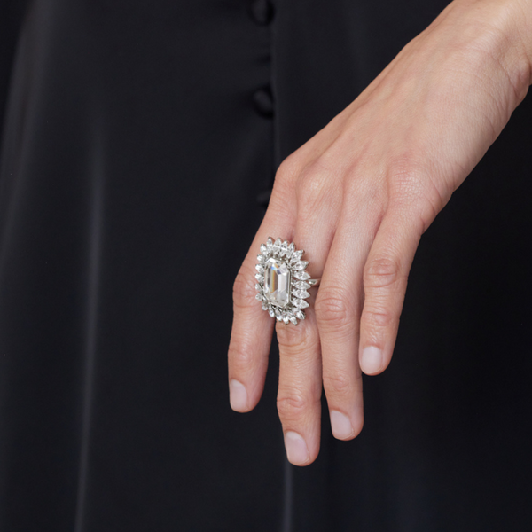 Kenneth Jay Lane Rhodium And Rhinestone Ring With Crystal Center
