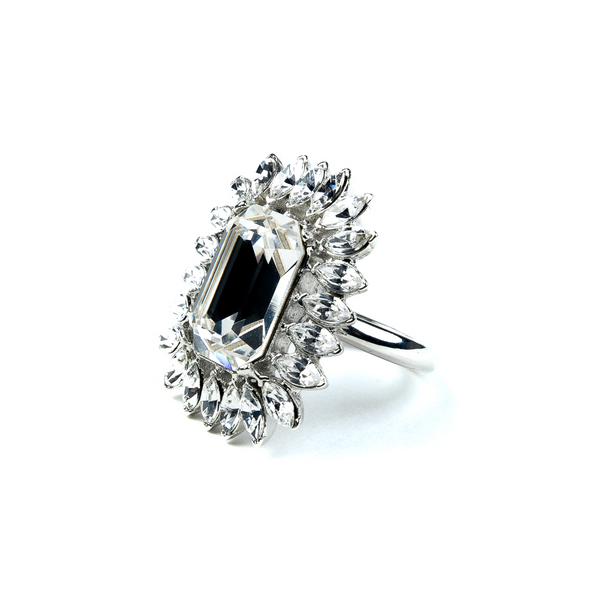 Kenneth Jay Lane Rhodium And Rhinestone Ring With Crystal Center