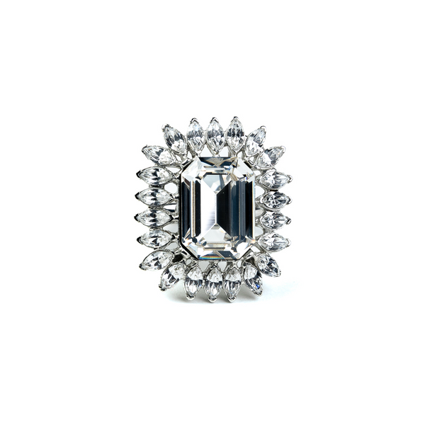 kenneth jay lane Rhodium and Rhinestone Ring with Crystal Center