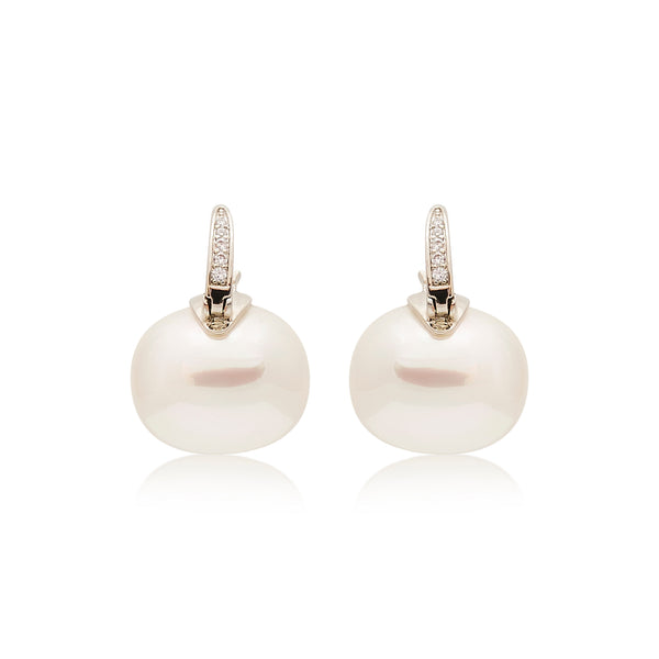 kenneth jay lane Rhodium & Rhinestone Pierced Pearl Drop Earring