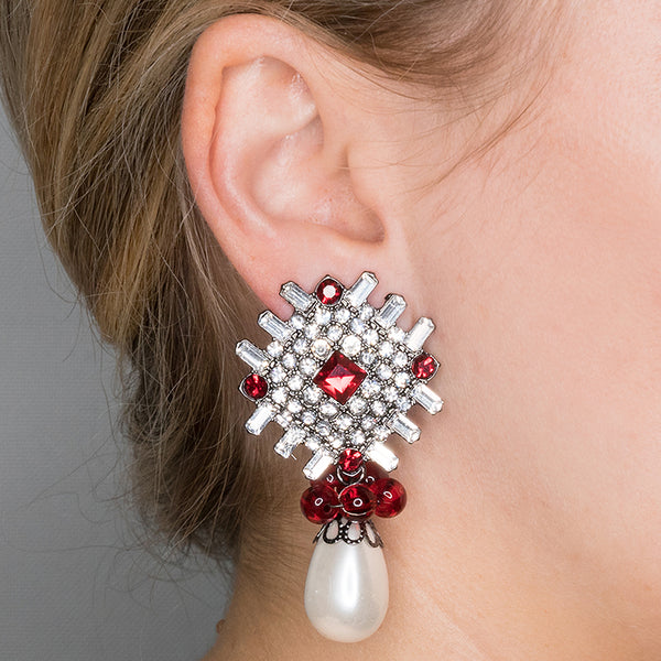 Kenneth Jay Lane Ruby And White Pearl Drop Pierced Or Clip Earrings