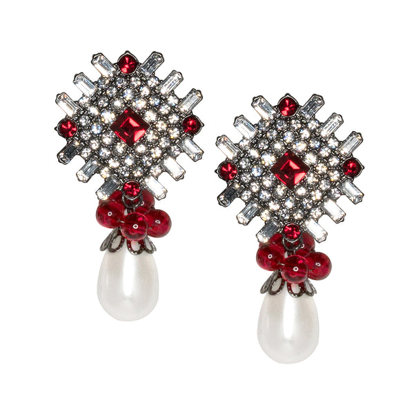 kenneth jay lane Ruby and White Pearl Drop Pierced or Clip Earrings