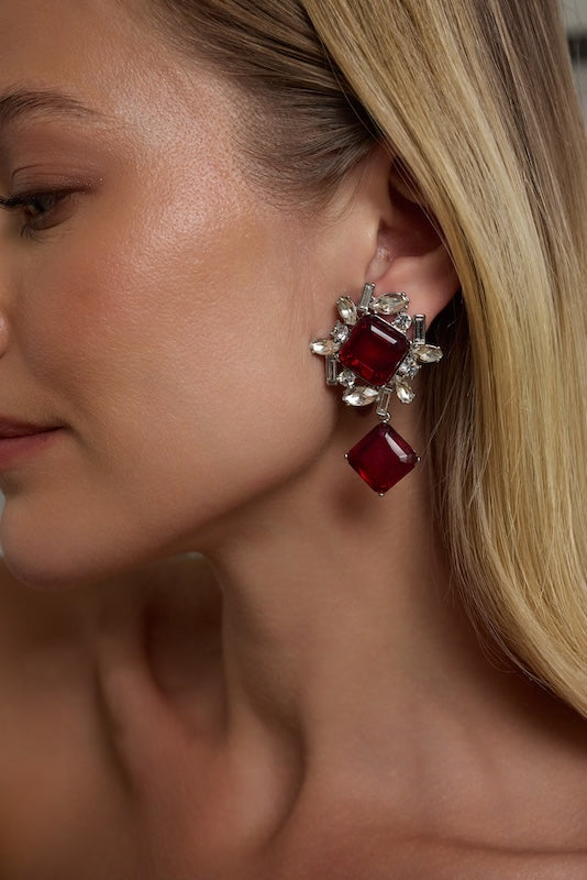 Kenneth Jay Lane Ruby Rhinestone Drop Clip Earrings