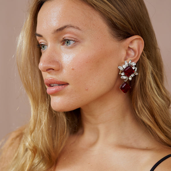 Kenneth Jay Lane Ruby Rhinestone Drop Clip Earrings