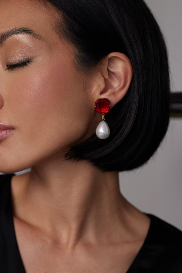 Kenneth Jay Lane Ruby Stone Pearl Drop Pierced Earrings