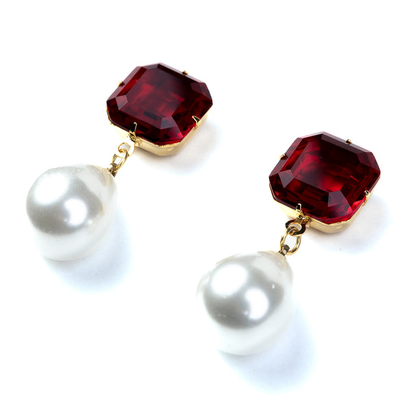 Kenneth Jay Lane Ruby Stone Pearl Drop Pierced Earrings