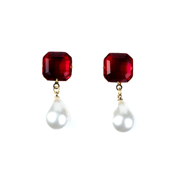 kenneth jay lane Ruby Stone Pearl Drop Pierced Earrings