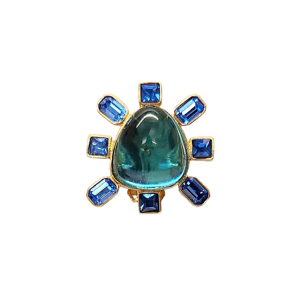 Kenneth Jay Lane Sapphire And Aqua Cabochon Center Clip Earring