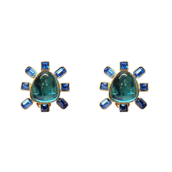 kenneth jay lane Sapphire and Aqua Cabochon Center Clip Earring