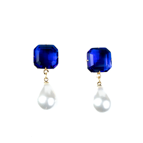 kenneth jay lane Sapphire Stone Pearl Drop Pierced Earrings