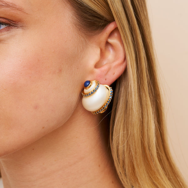 Kenneth Jay Lane Sapphire Tip Pearl Shell Pierced Earrings
