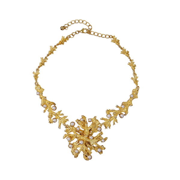 kenneth jay lane Satin Gold and White Pearl Branch Necklace